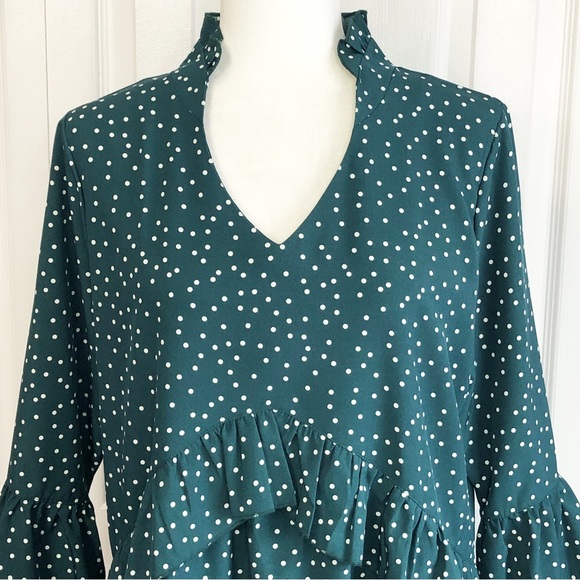 Feminine Teal Green & White Polka Dot Ruffle Trim Mini Dress - Picture 2 of 16